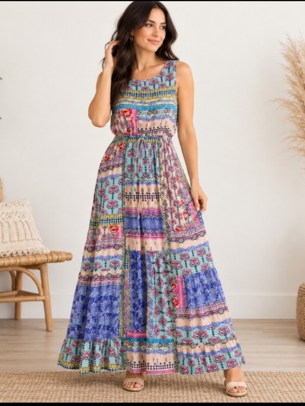 Johnny Was Silk Blend Patchwork Floral Maxi Dress Boho Medium